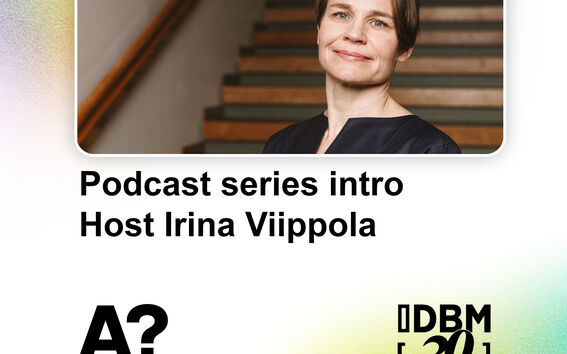 One person standing in front of stairs. Text: Podcast series intro, host Irina Viippola. Aalto University logo.