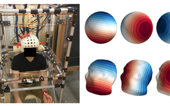 A research subject is seated while signals from their brain are being measured with optically pumped magnetometers. On the right, magnetic fields measured from the human brain are projected onto spherical and head-shaped models.