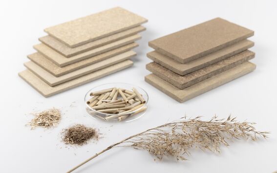 Two stacks of beige and brown rectangular boards, a glass dish with sticks, piles of fibres, and a dried plant.