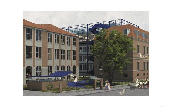 A modern building complex with glass and brick structures, a courtyard with a fountain, and people walking nearby.