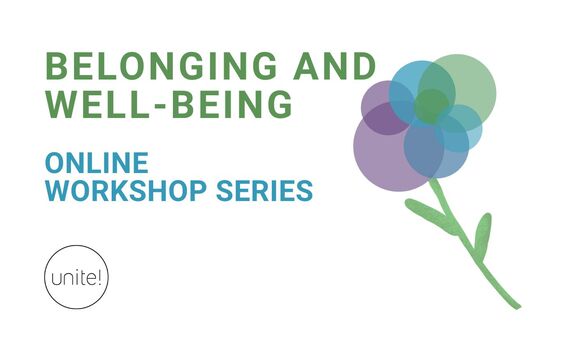 Teksti: Kuuluvuus ja hyvinvointi, verkkotyöpajasarja. Unite! logo ja abstrakti kukkakuvio.