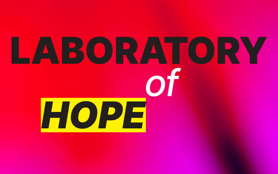 Text 'LABORATORY of HOPE' on a red and pink gradient background. 'HOPE' is highlighted in yellow.