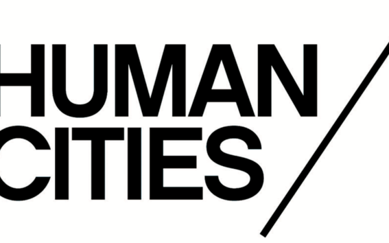 Black text 'HUMAN CITIES' with a diagonal black line on a white background.