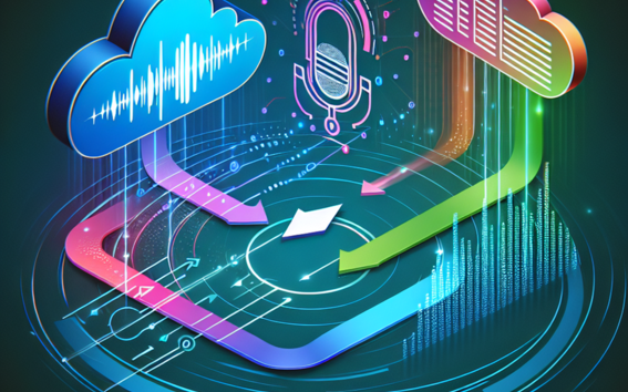 Digital illustration of clouds, arrows, and a microphone representing data flow and cloud computing.