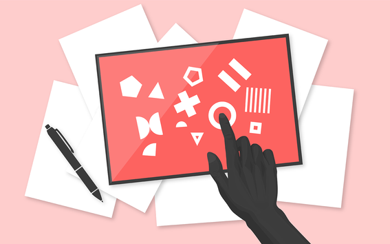 A black hand touches a tablet screen with white shapes. Papers and a pen are on a pink surface.