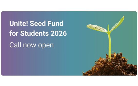Teksti: Unite! Seed Fund for Students 2026. Haku nyt auki. Kuva: Taimi kasvaa maasta.