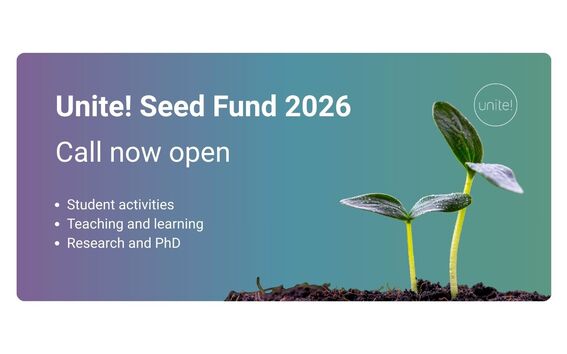 Unite! Seed Fund 2026 ilmoitus, jossa pieni kasvi nousee maasta. Haku avoinna opiskelijatoiminnalle, opetukselle ja tutkimukselle.