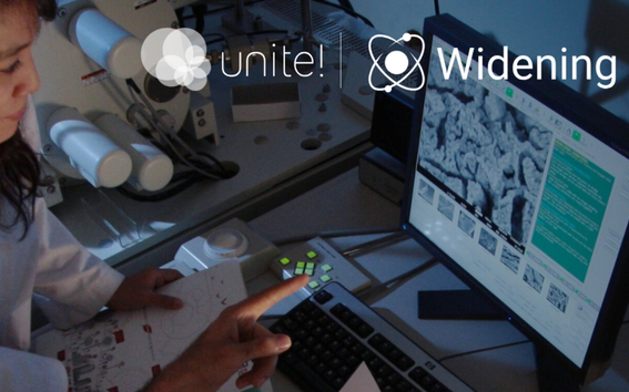 Person in lab coat points at a computer screen displaying microscopic images. Unite! and Widening logos are visible.