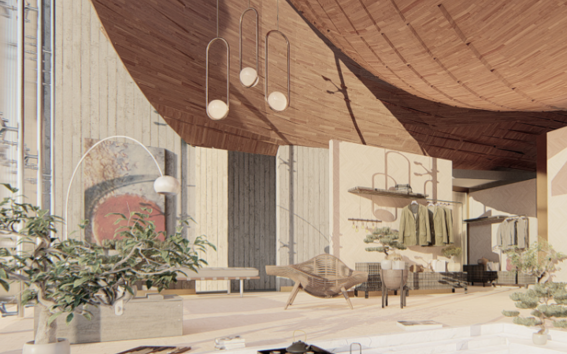 Modern interior with wooden curved ceiling, hanging lights, plants, and a small indoor pond with lily pads.