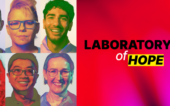 Nine blurred faces on the left, text 'LABORATORY of HOPE' on a red background to the right.
