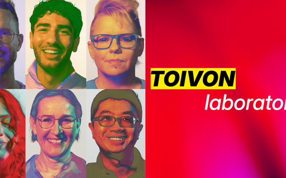 Vasemmalla kahdeksan sumeaa kasvoa ruudukossa ja oikealla teksti 'TOIVON laboratorio' punaisella taustalla.