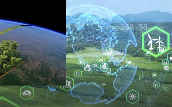 A satellite above Earth with a forest patch. Digital icons overlay a landscape. EU funding logo in the top right.