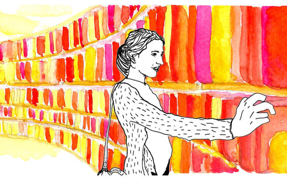 Kuvitus henkilöstä, joka ojentaa kätensä värikkäitä kirjahyllyjä kohti. Tausta on sekoitus keltaisia, oransseja ja punaisia sävyjä.