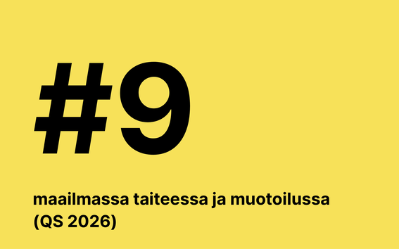 Musta teksti keltaisella: “#9” ja rivi maailman taide- ja muotoilurankingista (QS 2026).