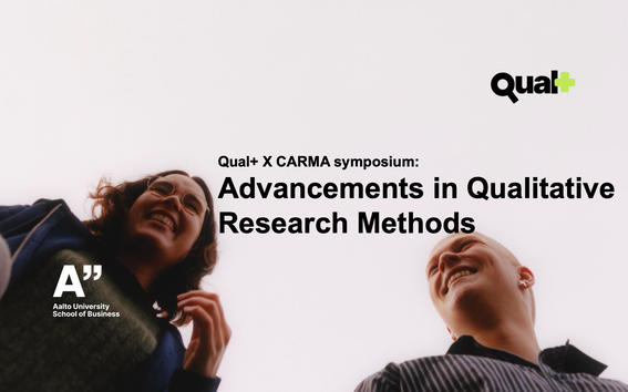 Couple of students photographed from below, with event information, Qual+ and Aalto School of Business logos added on top.