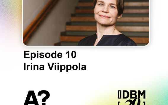 One person standing in front of stairs. Text: Episode 10 Irina Viippola. Aalto University logo.