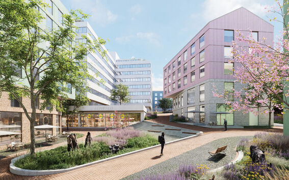 Havainnekuva, jossa piha, pastellisävyiset talot, puita, istutuksia ja kävelijöitä tiilipoluilla