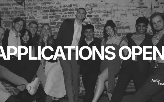 Group of dressed-up people posing at a party with large text ‘APPLICATIONS OPEN.’ and Aalto Founder Sprint logo.