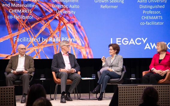 Legacy Awakens -seminar for an honour of the Aalto Distinguished Professor Tapani Vuorinen
From left to Right: Olavi Pikka, Senior Advisor, Tapani Vuorinen, Ainomaija Haarla and Pirjo Kääriäinen, Professor in Design and Materialities
