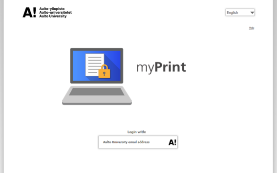 Aalto-yliopiston myPrint-kirjautumissivu, harmaa kannettava, sininen näyttö ja keltainen lukko