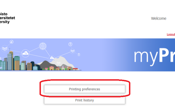 Aalto-yliopiston myPrint-sivu, jossa Printing preferences -laatikko on korostettu punaisella.