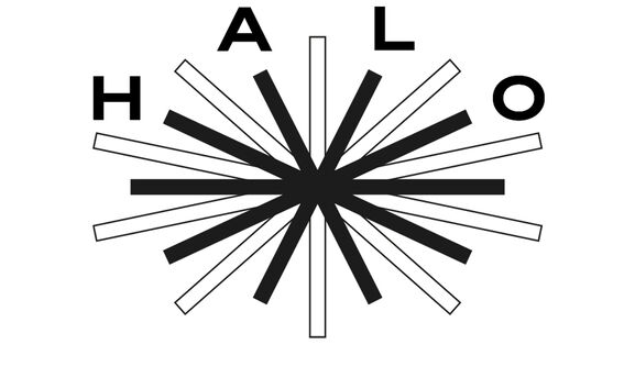 Black and white logo with starburst lines and the word HALO spaced around the top