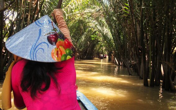 Person in a fruit-print conical hat paddling a small boat through a narrow palm-lined river. Photo by Liisa Perälä, Mekong Delta, Vietnam, 2026