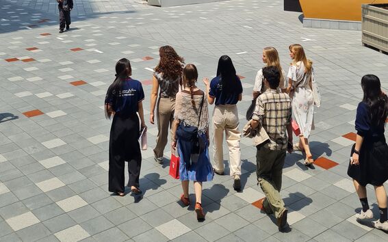 Student team walking in the Van Lang university campus, Vitenam. Photo taken by Johanna Isopuro.