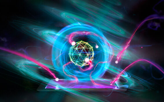 Glowing neon sphere with geometric core and light trails floating above a tablet in the dark