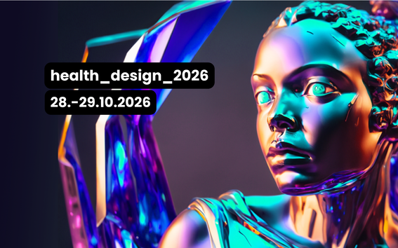 Futuristic colourful statue with blurred face and text: health_design_2026, 28.–29.10.2026