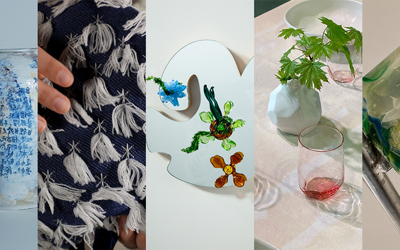 Collage of five design objects: blue script vase, woven fabric, floral mirror, table setting, and green glass.
