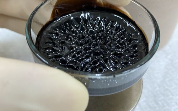 Gloved hand holds glass dish of glossy black spiky ferrofluid over a metal base.