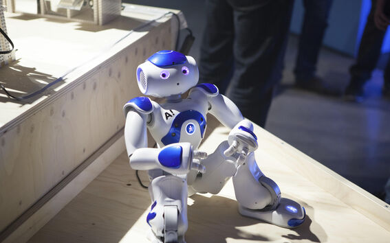 Small white and blue humanoid robot sitting on a wooden platform at an indoor event