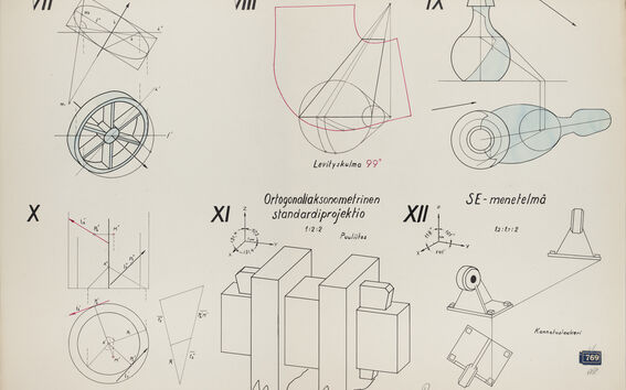 Ortogonaaliaksonometrinen standardiprojektio, harjoituksia SE-menetelmällä paperilla. Tekijä J. Sarkava.