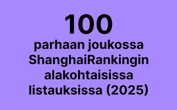 Teksti violetilla taustalla: 100 parhaan joukossa ShanghaiRankingin alakohtaisissa listauksissa (2025)