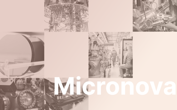 Collage of laboratory machines and scientists in warm beige tones with the text “Micronova”.