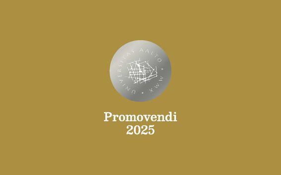 Gold background with silver Aalto University seal above white text reading Promovendi 2025.