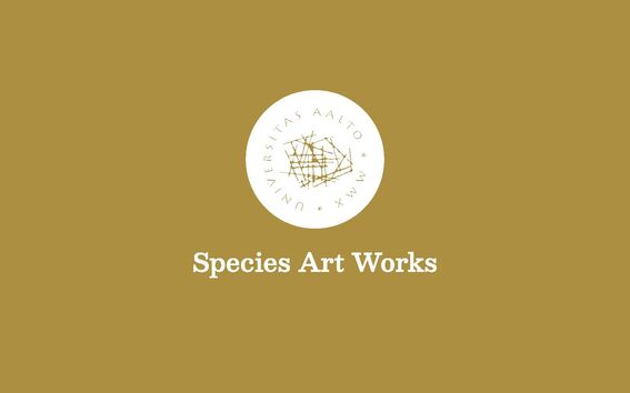 Gold cover of a bookler with a white circular Aalto University seal above the white title text Species Art Works.