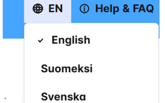 Language menu open on blue bar, EN selected, options English, Suomeksi, Svenska, with Help &amp; FAQ link