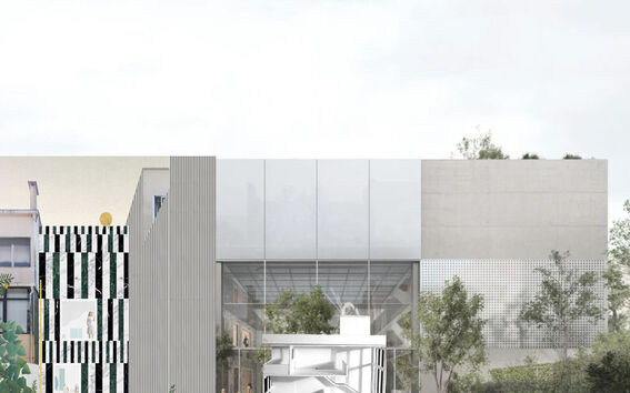 Collage of modern buildings with striped façade, glass atrium and garden courtyard with trees and people