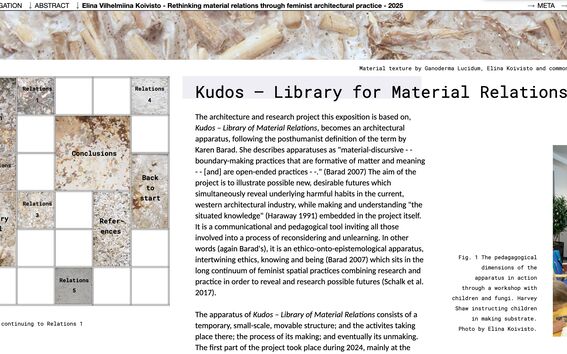 Academic webpage about Kudos – Library for Material Relations, with text layout and small photo of people cooking.