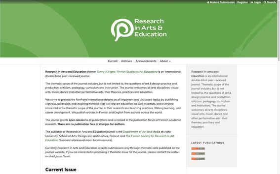 Research in Arts &amp; Education journal website, green header, text sections and current issue list on white page