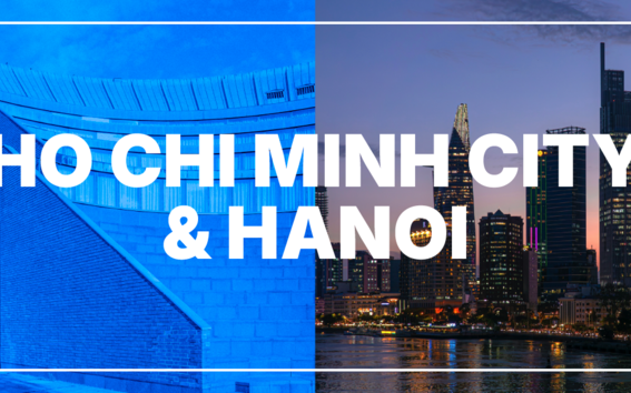 Banner for the event, including an image of the amphi in Otaniemi and an image from Hanoi, with the text on top of the images "Ho Chi Minh City & Hanoi"