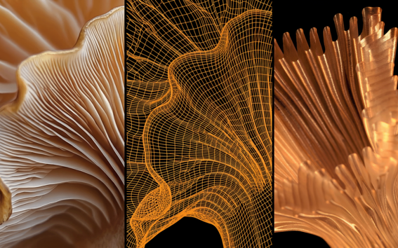 Triptych of golden mushroom gills, a central orange wireframe, and abstract ridged forms on black.