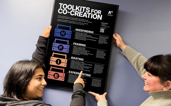 Two smiling women hanging a framed poster on the wall. The poster is an info poster of the Toolkits for Co-Creation.