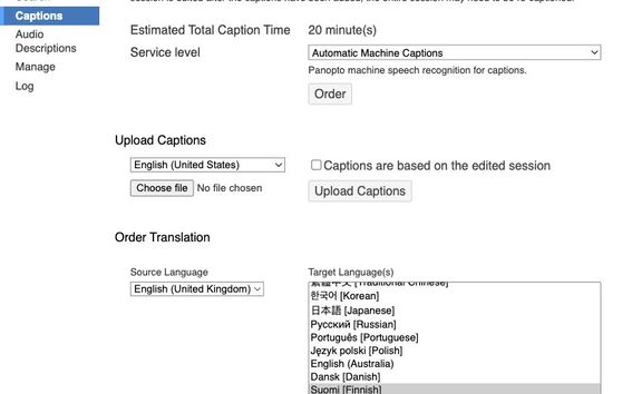 Panopto Settings, Captions tab: original captions, caption upload and the Order Translation section.