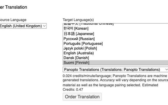 Panopto Order Translation section: source language English (United Kingdom), target language Finnish and the Order Translation button.