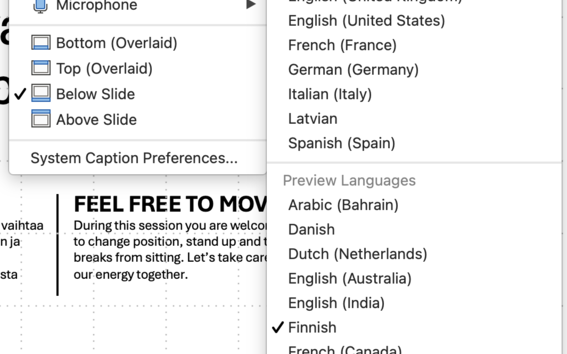 PowerPoint Subtitle Settings menu: spoken language Finnish, subtitle language English, microphone and subtitle placement options.