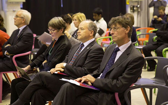 Guests of honor at the book launch (from the left): Professor Risto Nieminen, Dean, Ms Satu Hassi, Member of Parliament, Professor Gary Marquis, Dean,  and Mr Giorgio Visetti, Ambassador of Italy.