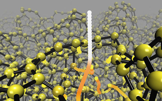 Trajectories followed by incident and knockon atoms during energetic deposition of a tetrahedral amorphous carbon thin film.